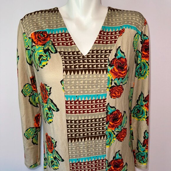 Lisa Corti Dress Rose Floral Long Sleeve Size Medium Brown V-Neck Viscose - Picture 6 of 6